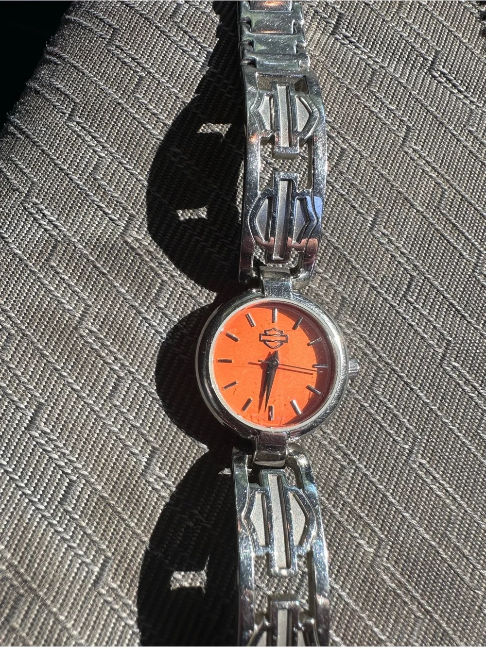 Harley-Davidson Silver Bracelet Watch with Bright Orange Dial